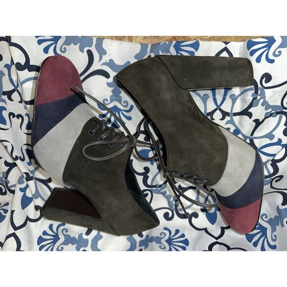 Tory Burch Stella Color-block Oxford Suede Block Heel Black Burgundy & Gray 10 - Picture 10 of 13